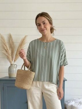 Kindred Sage Green White Vertical Striped Boxy Drop Shoulder Short Sleeve Tee